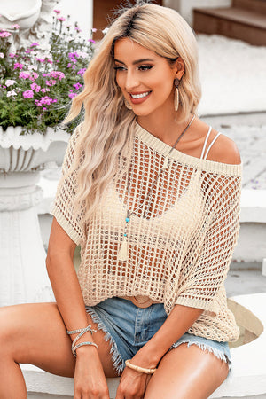 Apricot Fishnet Knit Ribbed Round Neck Short Sleeve Tee