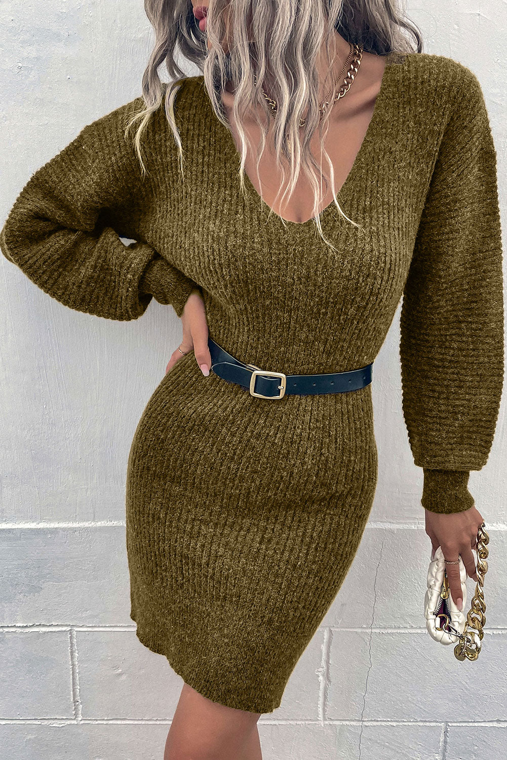 Pink V Neck Puff Sleeve Bodycon Sweater Dress
