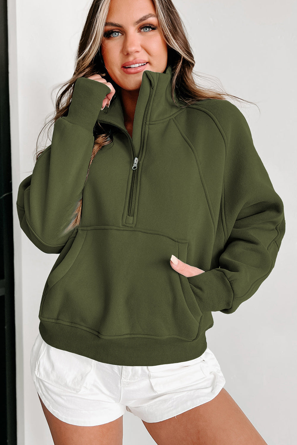 Green Zip Up Stand Collar Ribbed Thumbhole Sleeve Sweatshirt