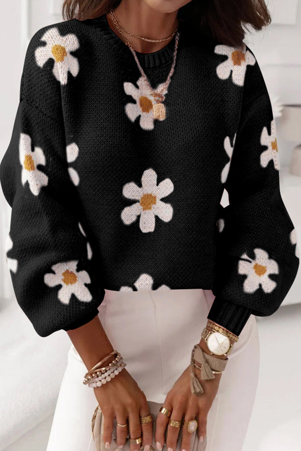 Black Floral Pattern Drop Shoulder Knit Sweater
