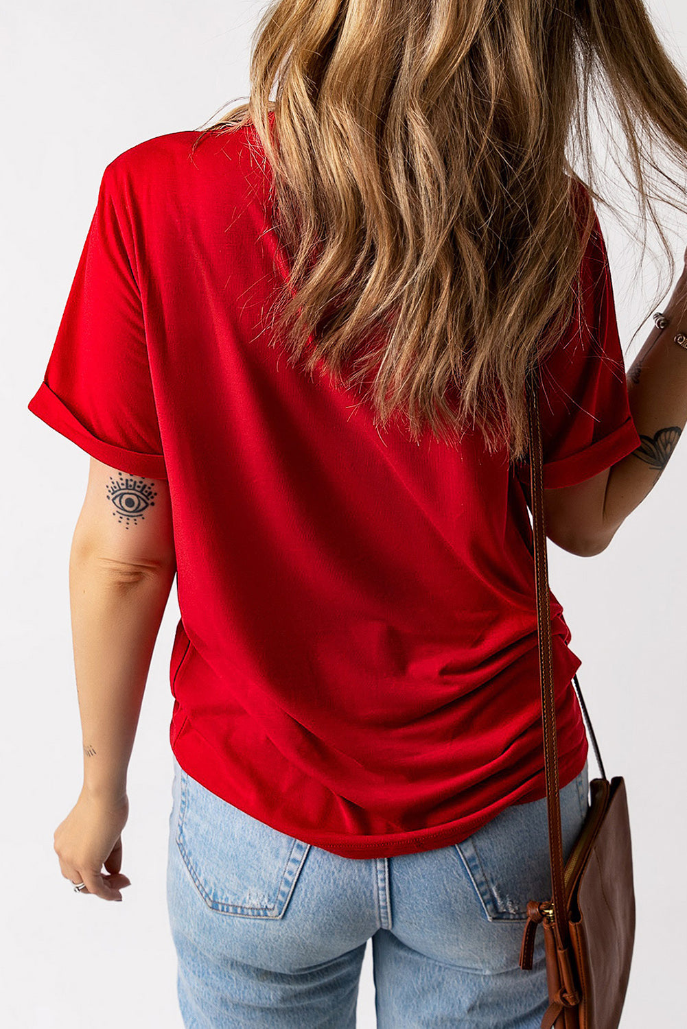 Green Plain Solid Color Crew Neck Tee