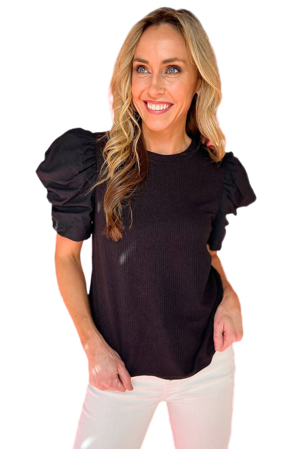 Black Ribbed Crew Neck Elegant Puff Sleeve Top