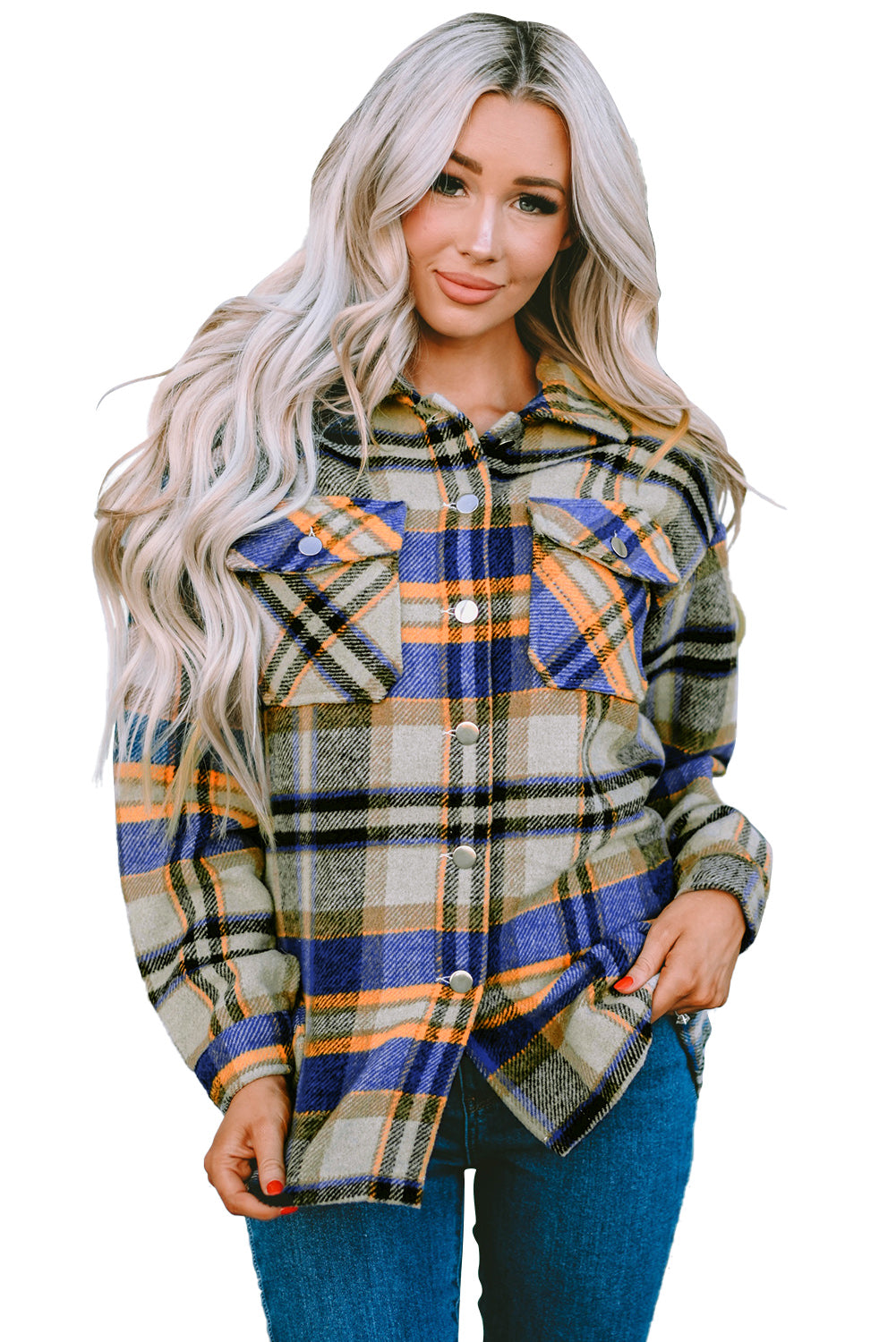 Brown Plaid Button Up Long Sleeve Flannel Jacket