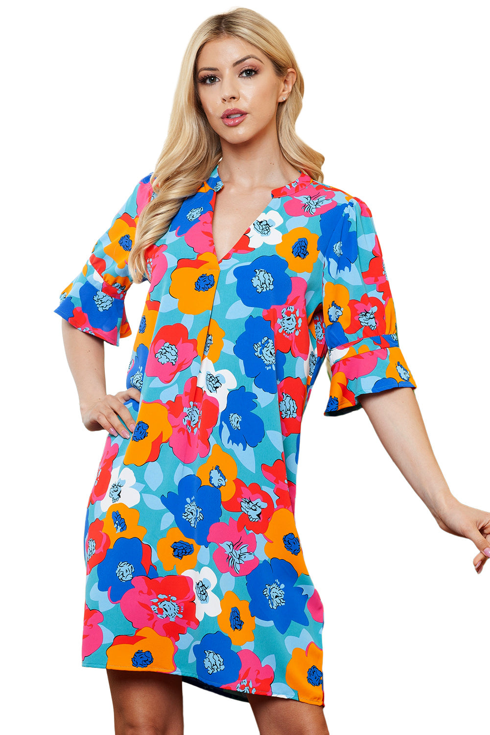 Rose Floral Print Mandarin Collar Short Sleeve Tunic Dress