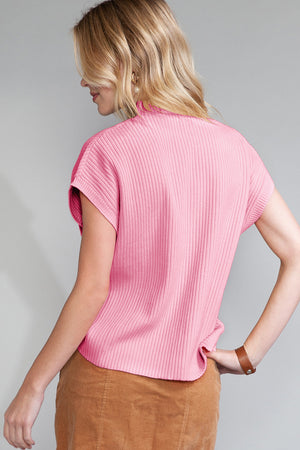 Green Patch Pocket Ribbed Knit Short Sleeve Sweater