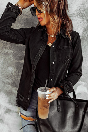 Green Casual Ripped Raw Hem Button Up Denim Shacket