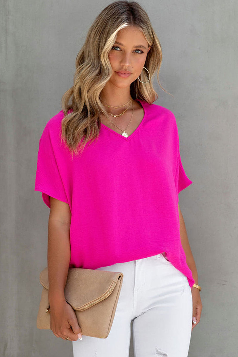 Pink Solid V Neck Textured Short Sleeve Plain Blouse