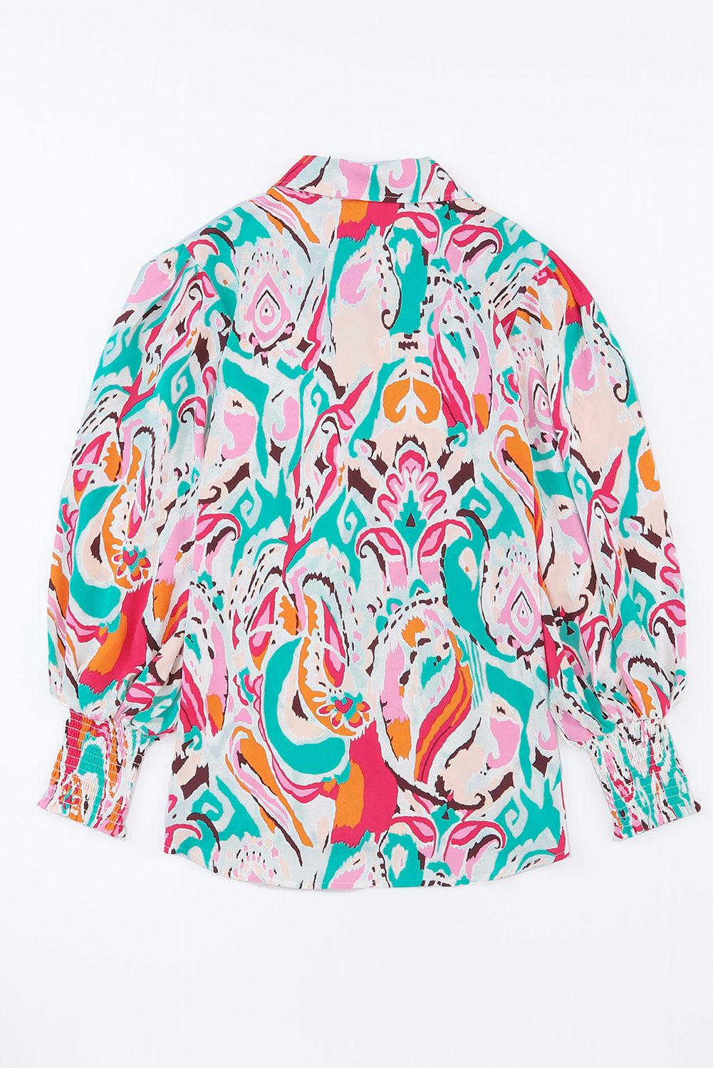 Sky Blue Paisley Print Lantern Sleeve Shirred Cuffs Blouse