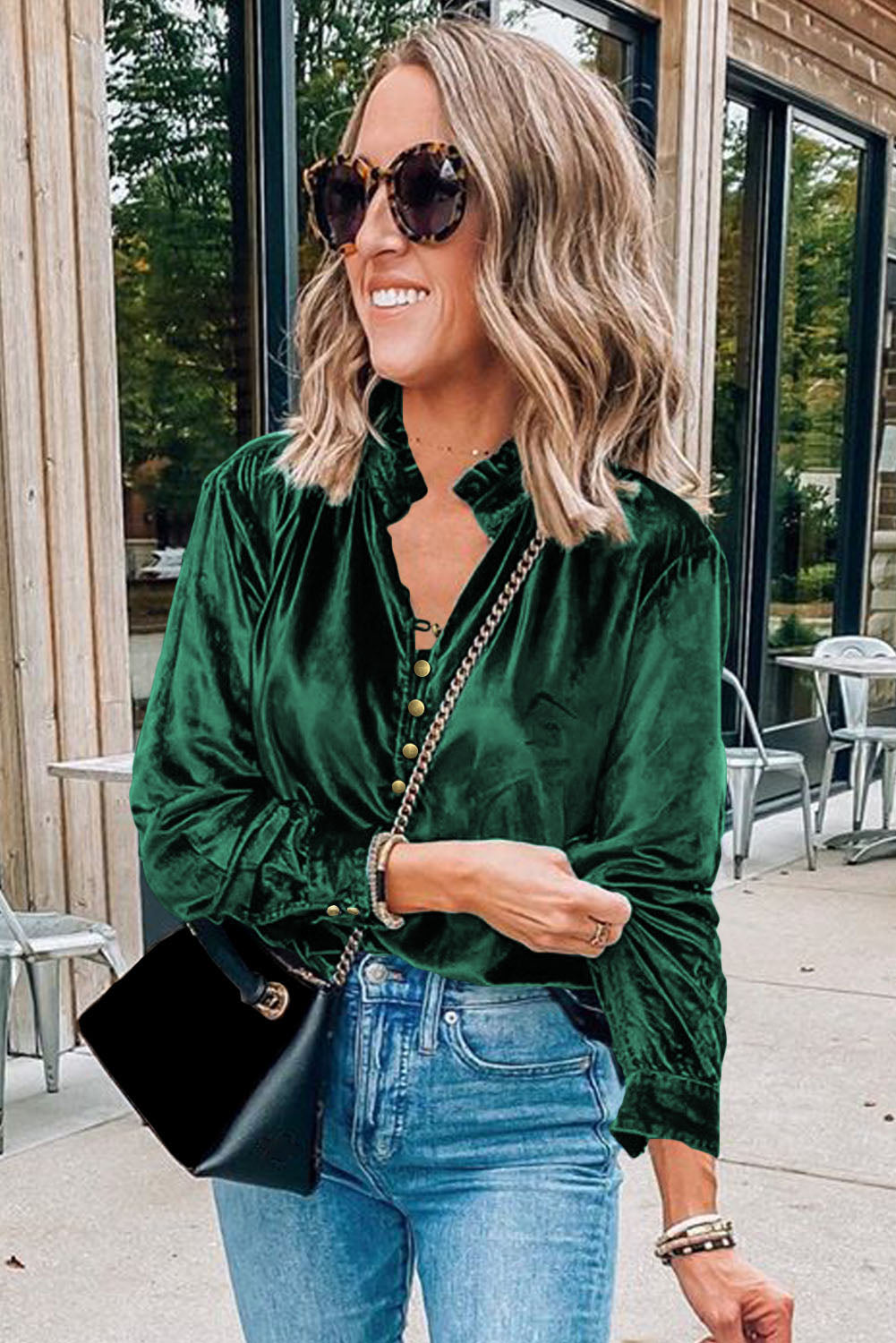 Black Frilled Neck Buttoned Front Velvet Top