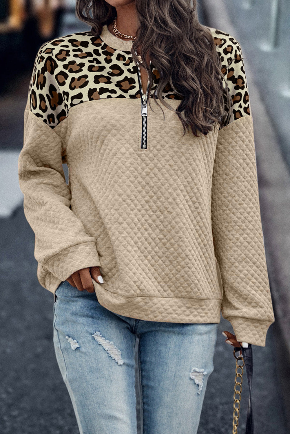 Gray Leopard Quilted Drop Shoulder Half Zipped Sweatshirt