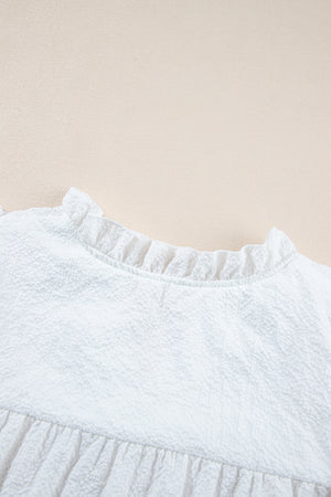 White Ruffle Accent Flutter Sleeve Notch Neck Top
