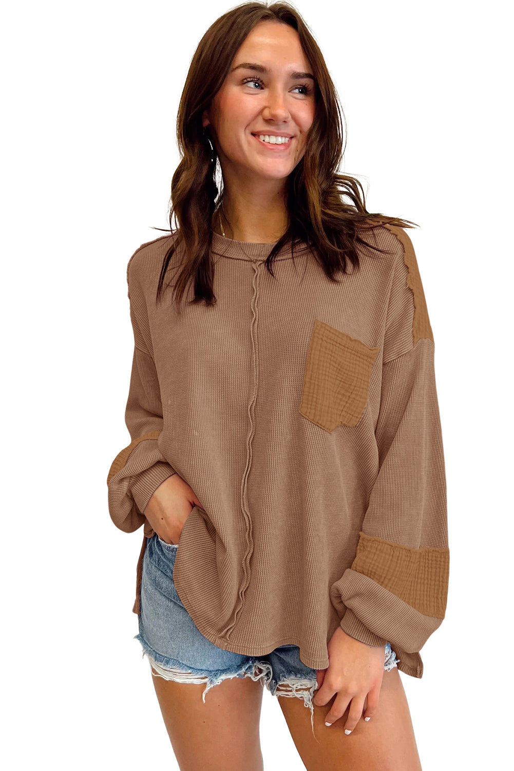Black Waffle and Crinkle Patchwork Long Sleeve Top