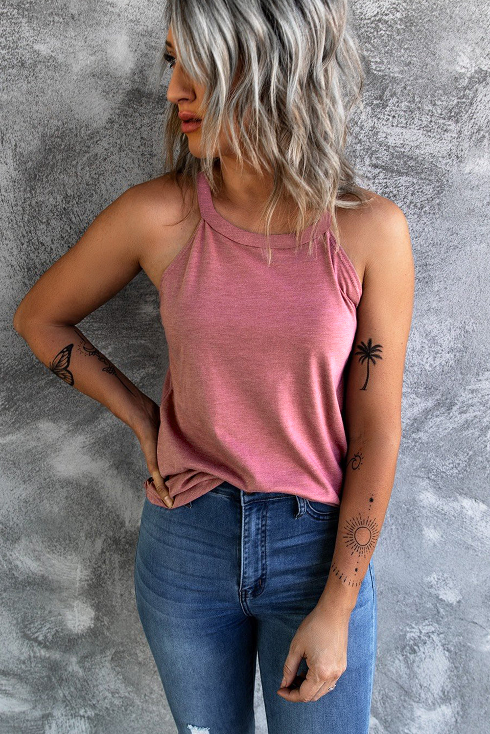 Pink Solid Color Crew Neck Tank Top