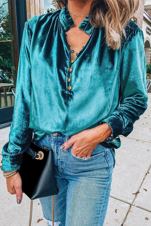 Black Frilled Neck Buttoned Front Velvet Top