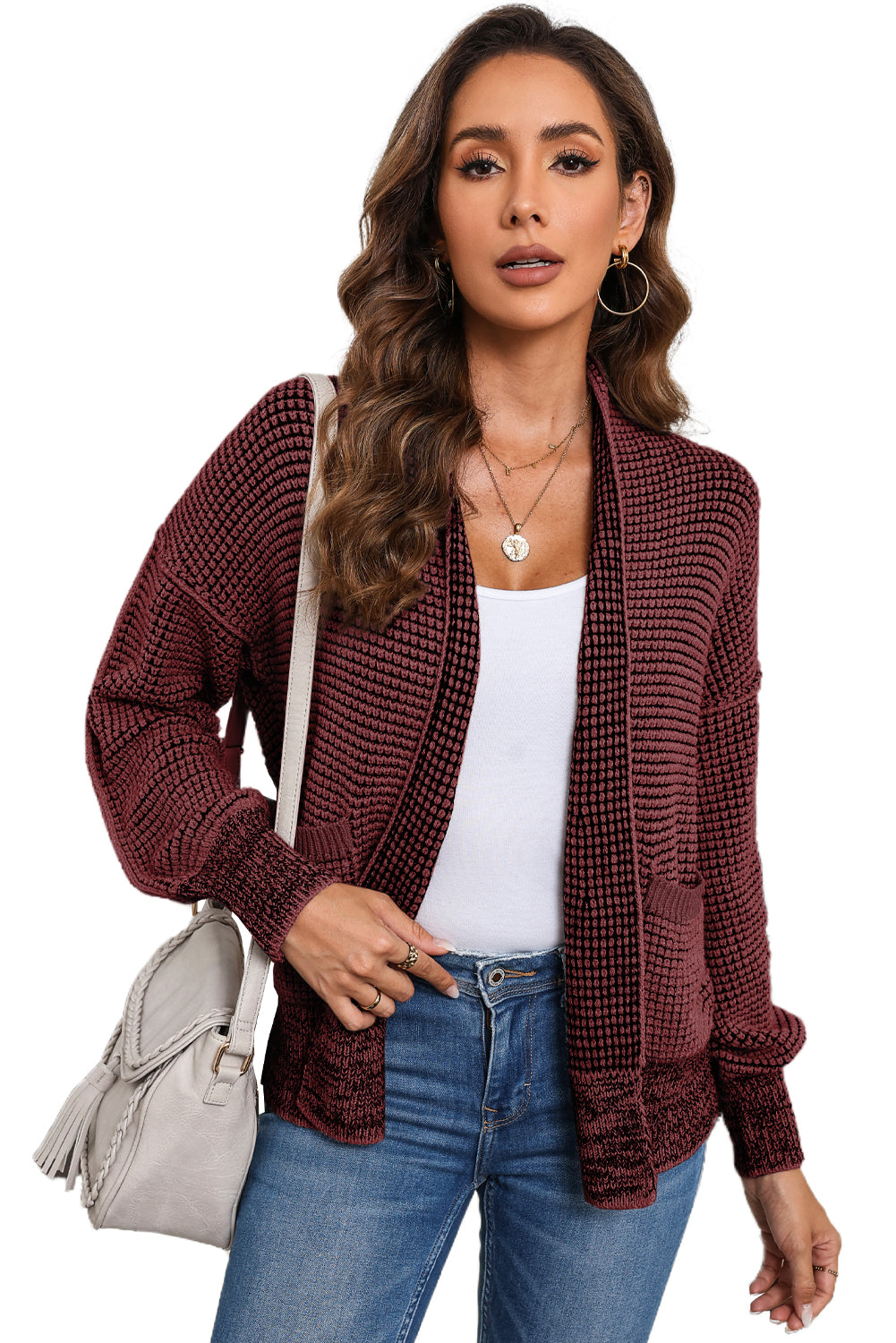 Gray Chunky Knit Pockets Drop Sleeve Cardigan