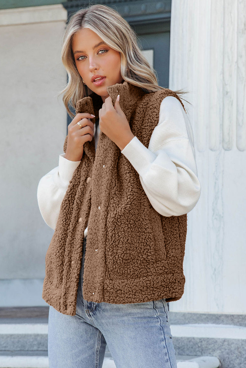 Green Snap Button Collared Stand Neck Sherpa Vest