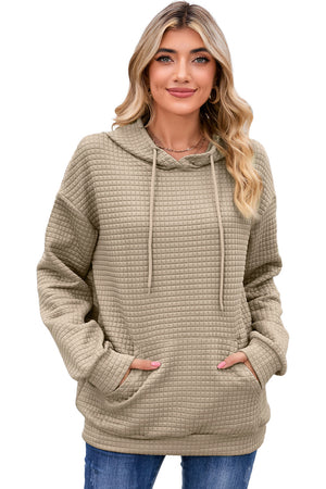 Gray Lattice Textured Kangaroo Pocket Drawstring Hoodie