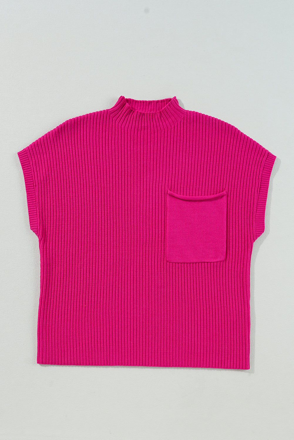 Green Patch Pocket Ribbed Knit Short Sleeve Sweater