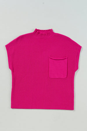 Green Patch Pocket Ribbed Knit Short Sleeve Sweater
