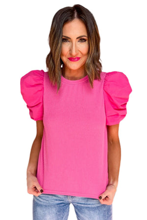 Black Ribbed Crew Neck Elegant Puff Sleeve Top