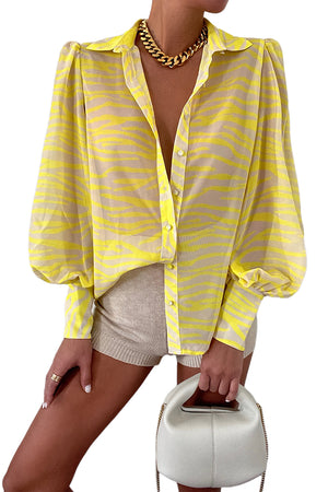 Multicolor Swirl Color Block Print Lantern Sleeve Shirt