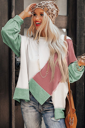 Khaki Colorblock Stitching Irregular Hem Long Sleeve Top