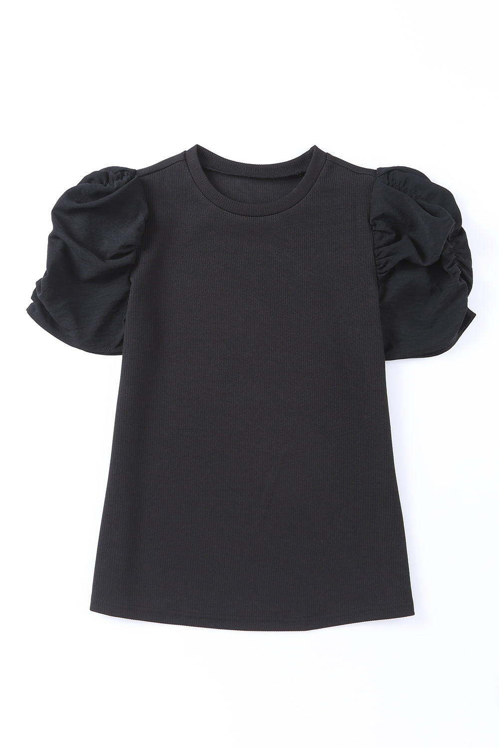 Black Ribbed Crew Neck Elegant Puff Sleeve Top