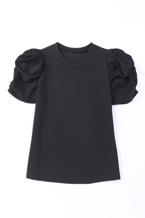 Black Ribbed Crew Neck Elegant Puff Sleeve Top