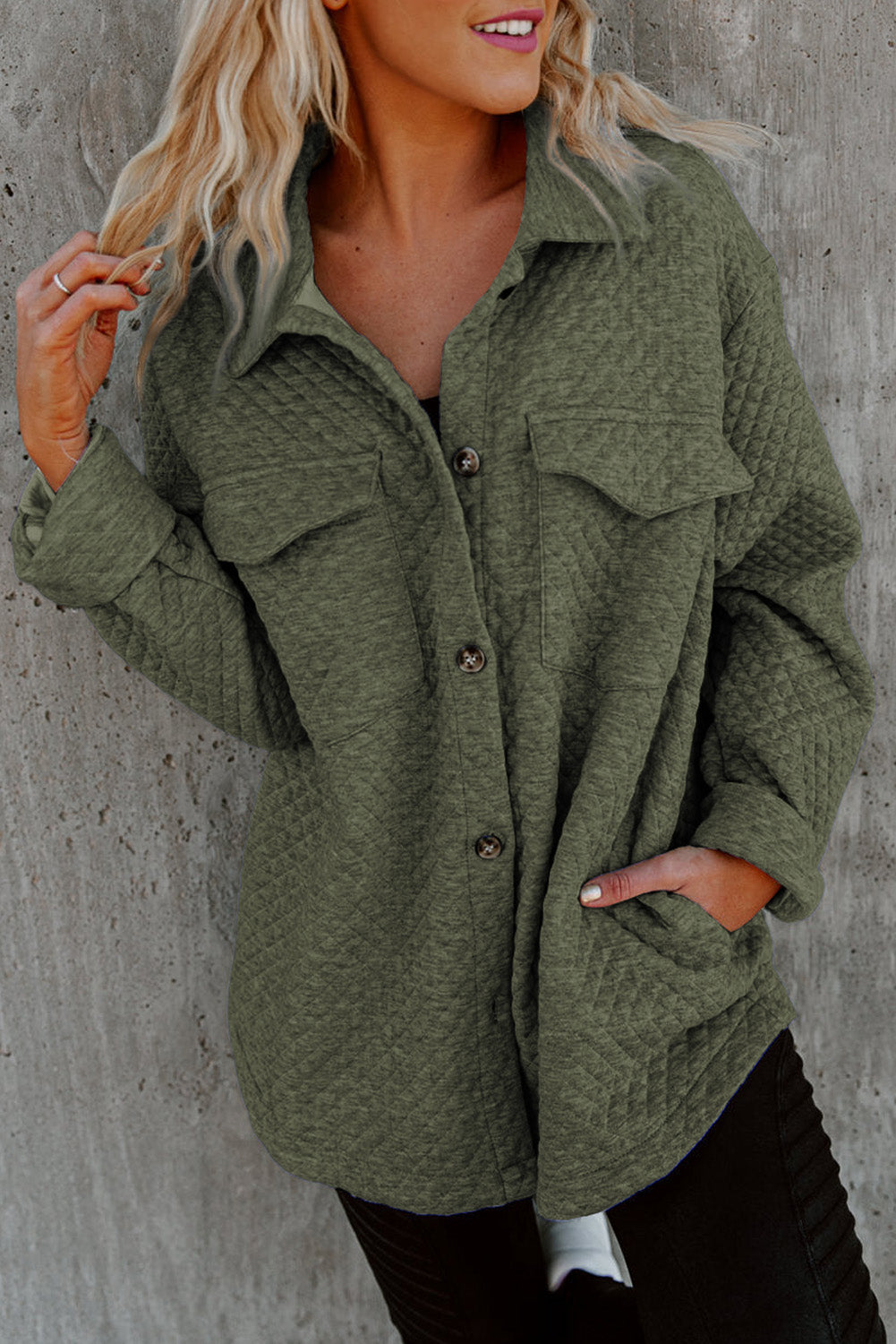 Black Lattice Texture Retro Flap Pocket Button Shacket