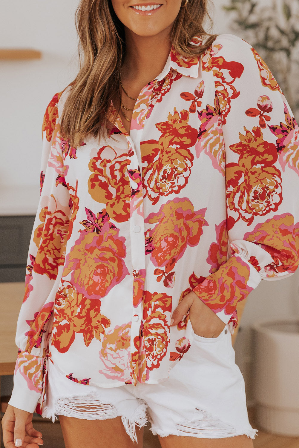 Multicolor Swirl Color Block Print Lantern Sleeve Shirt