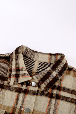 Brown Plaid Button Up Long Sleeve Flannel Jacket