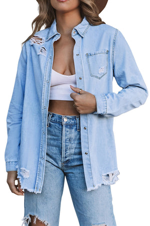 Green Casual Ripped Raw Hem Button Up Denim Shacket