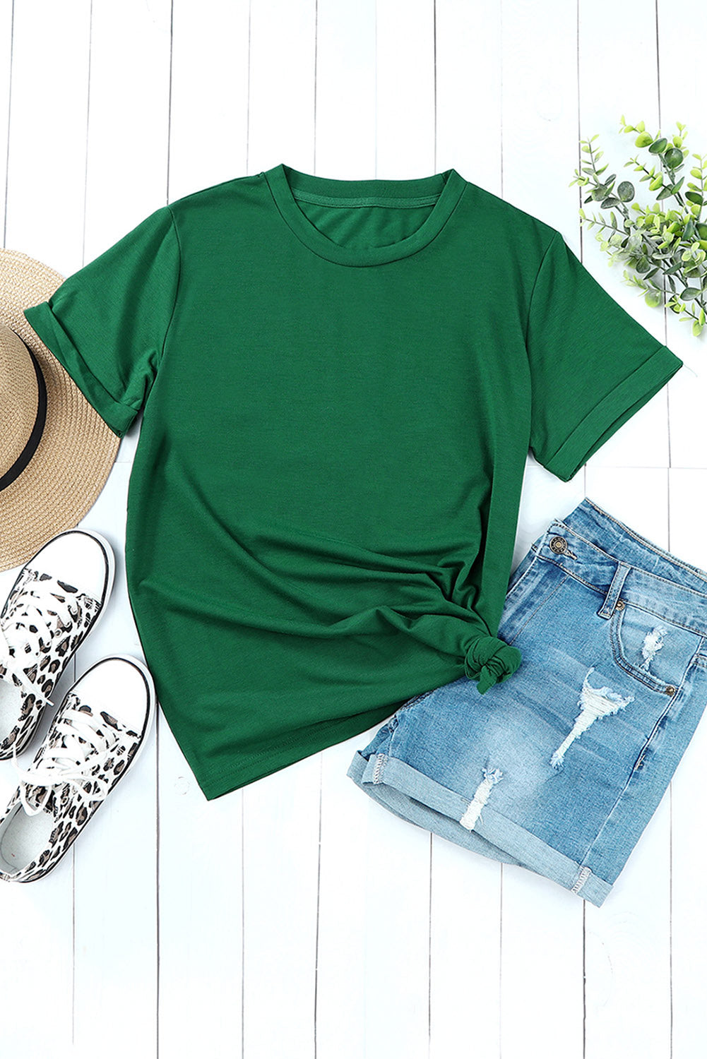 Green Plain Solid Color Crew Neck Tee