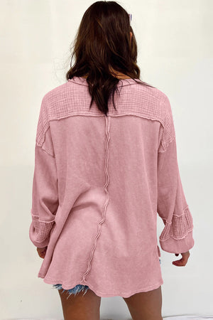 Black Waffle and Crinkle Patchwork Long Sleeve Top