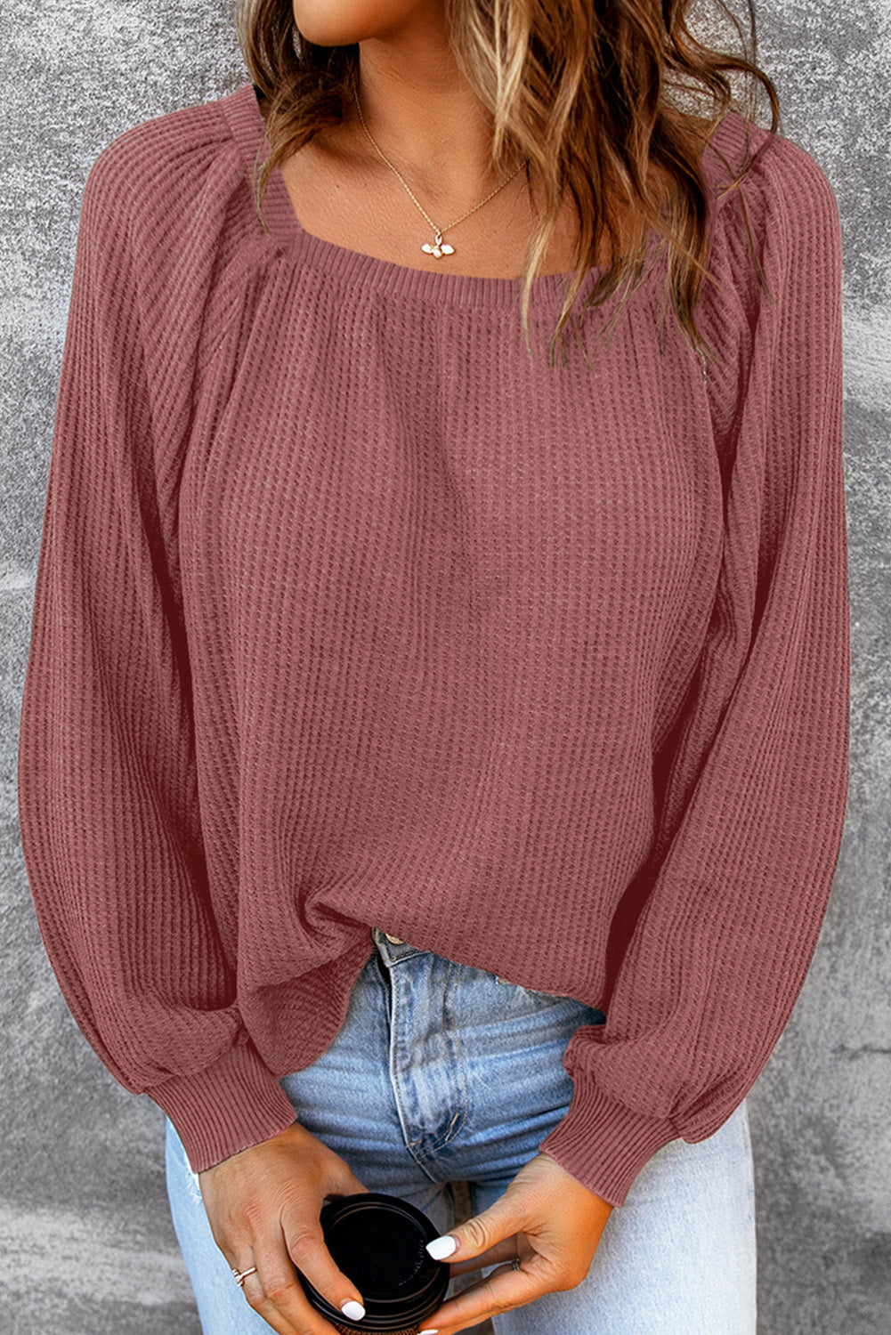 Pink Waffle Texture Casual Square Neck Pullover Top
