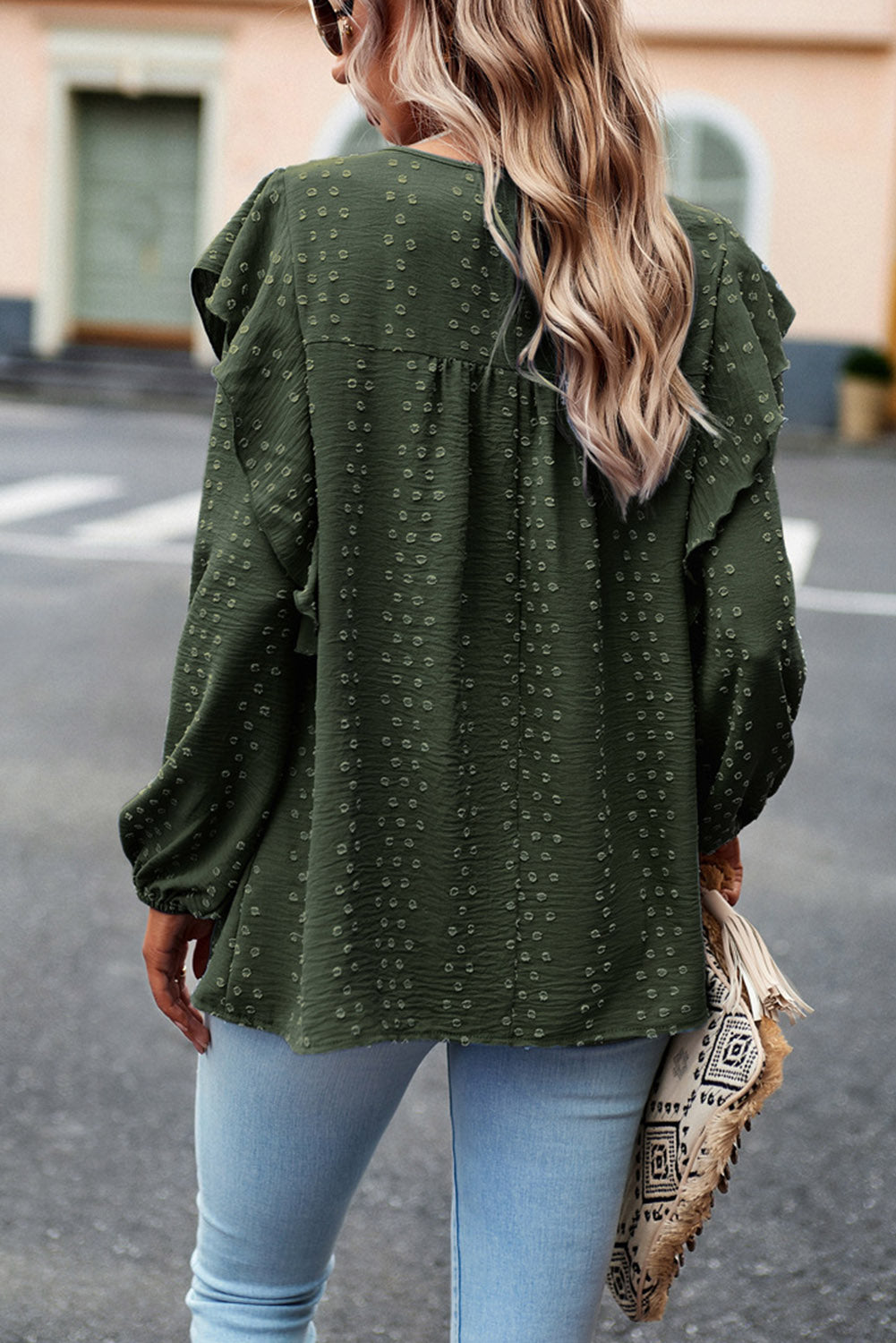 Blackish Green Swiss Dot Ruffle Shoulder Long Sleeve Blouse