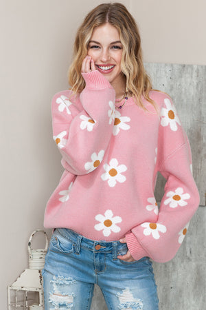 Black Floral Pattern Drop Shoulder Knit Sweater