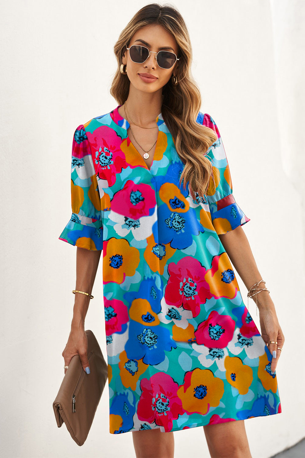 Rose Floral Print Mandarin Collar Short Sleeve Tunic Dress