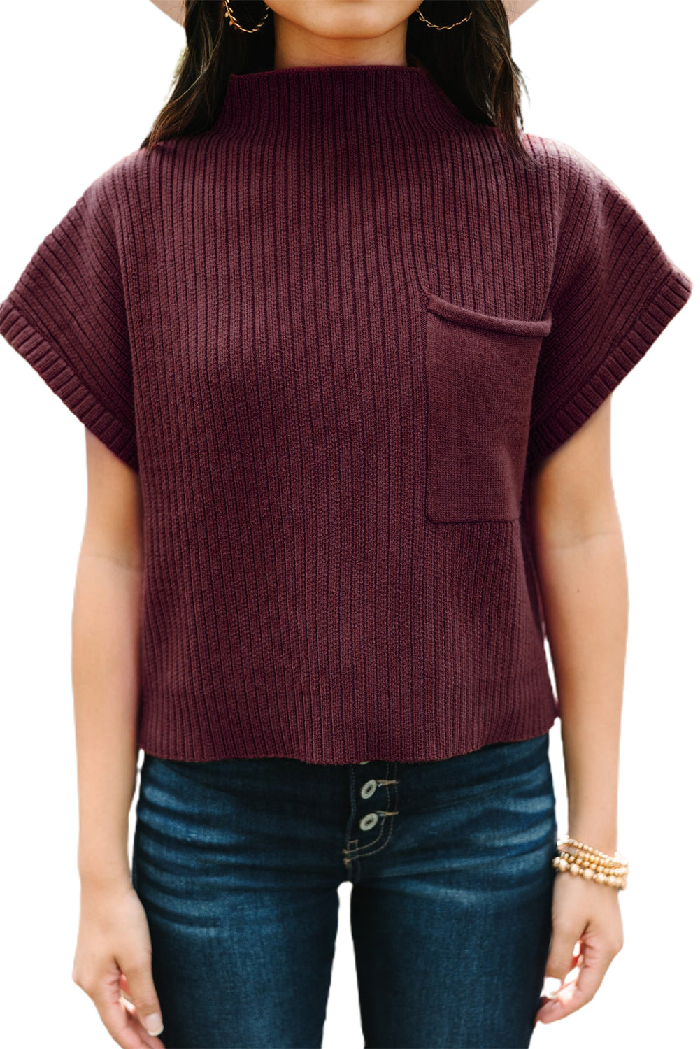 Green Patch Pocket Ribbed Knit Short Sleeve Sweater