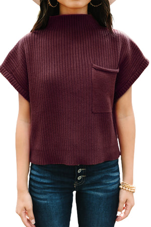 Green Patch Pocket Ribbed Knit Short Sleeve Sweater