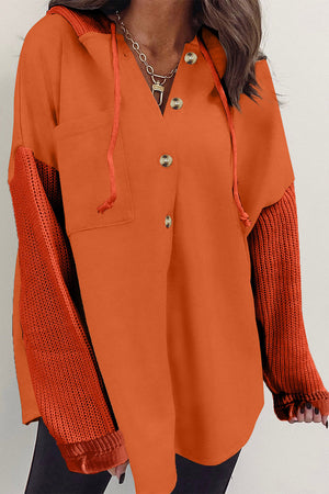 Gray Button Up Contrast Knitted Sleeves Hooded Jacket