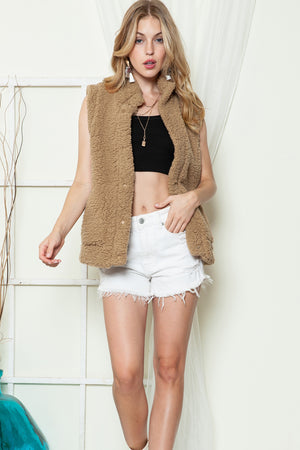 Green Snap Button Collared Stand Neck Sherpa Vest