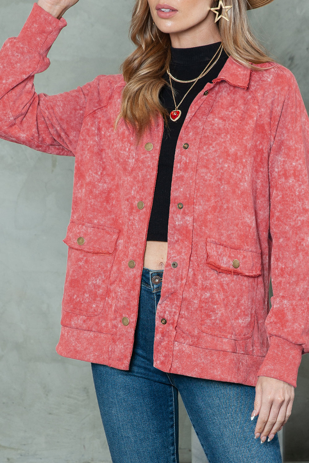 Dark Blue Snap Button Casual Flap Pockets Jacket