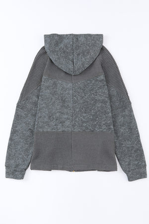 Khaki Dark Washed Patchwork Zip Up Hooded Jacket