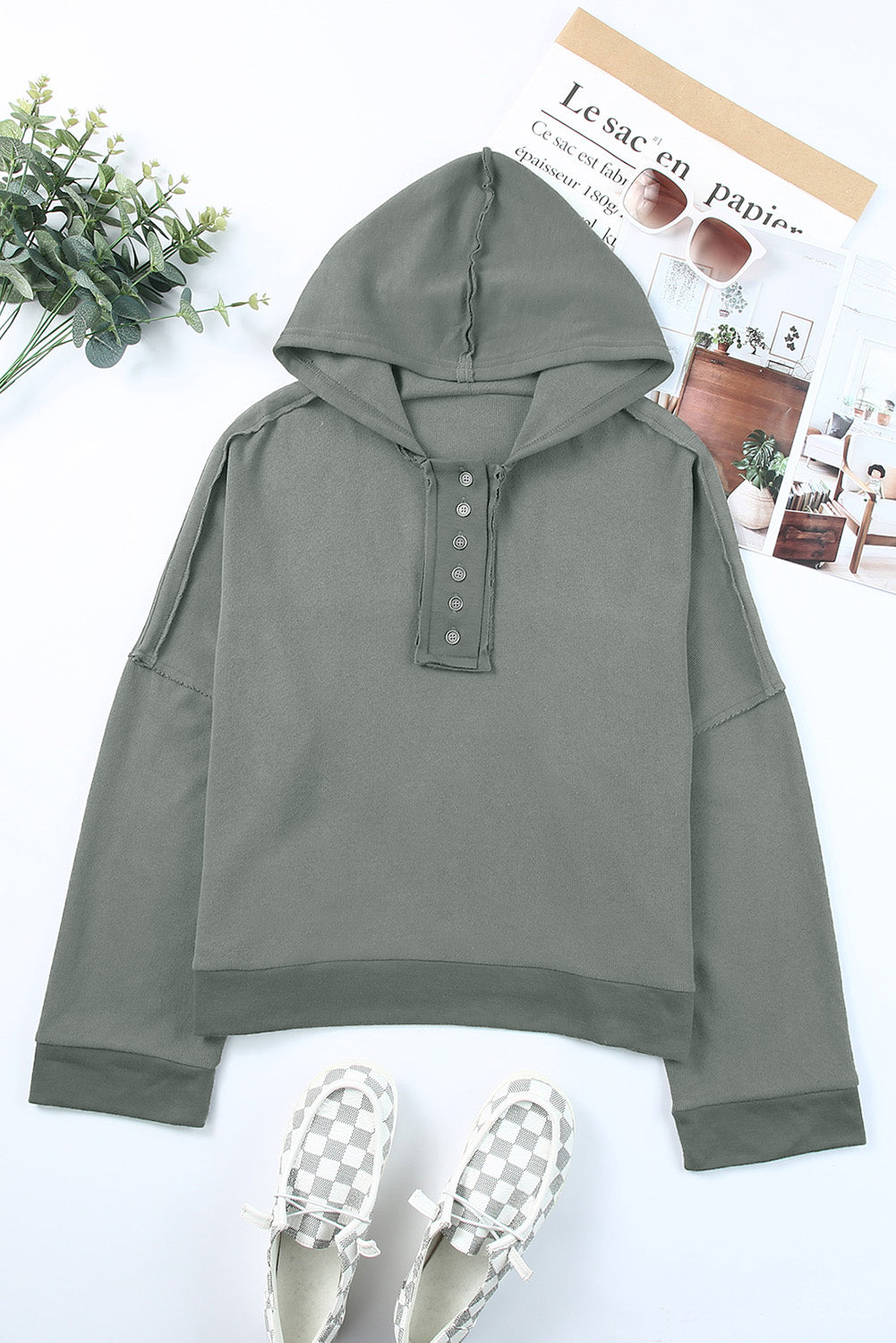 Orange Basic & Casual Button Front Pullover Hoodie