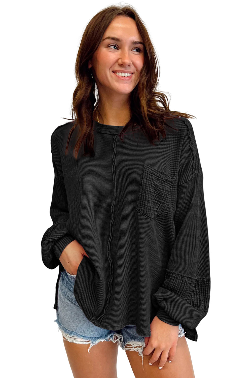 Black Waffle and Crinkle Patchwork Long Sleeve Top