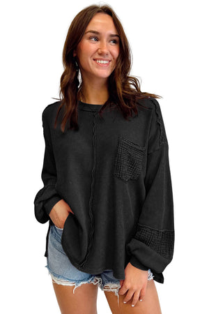 Black Waffle and Crinkle Patchwork Long Sleeve Top