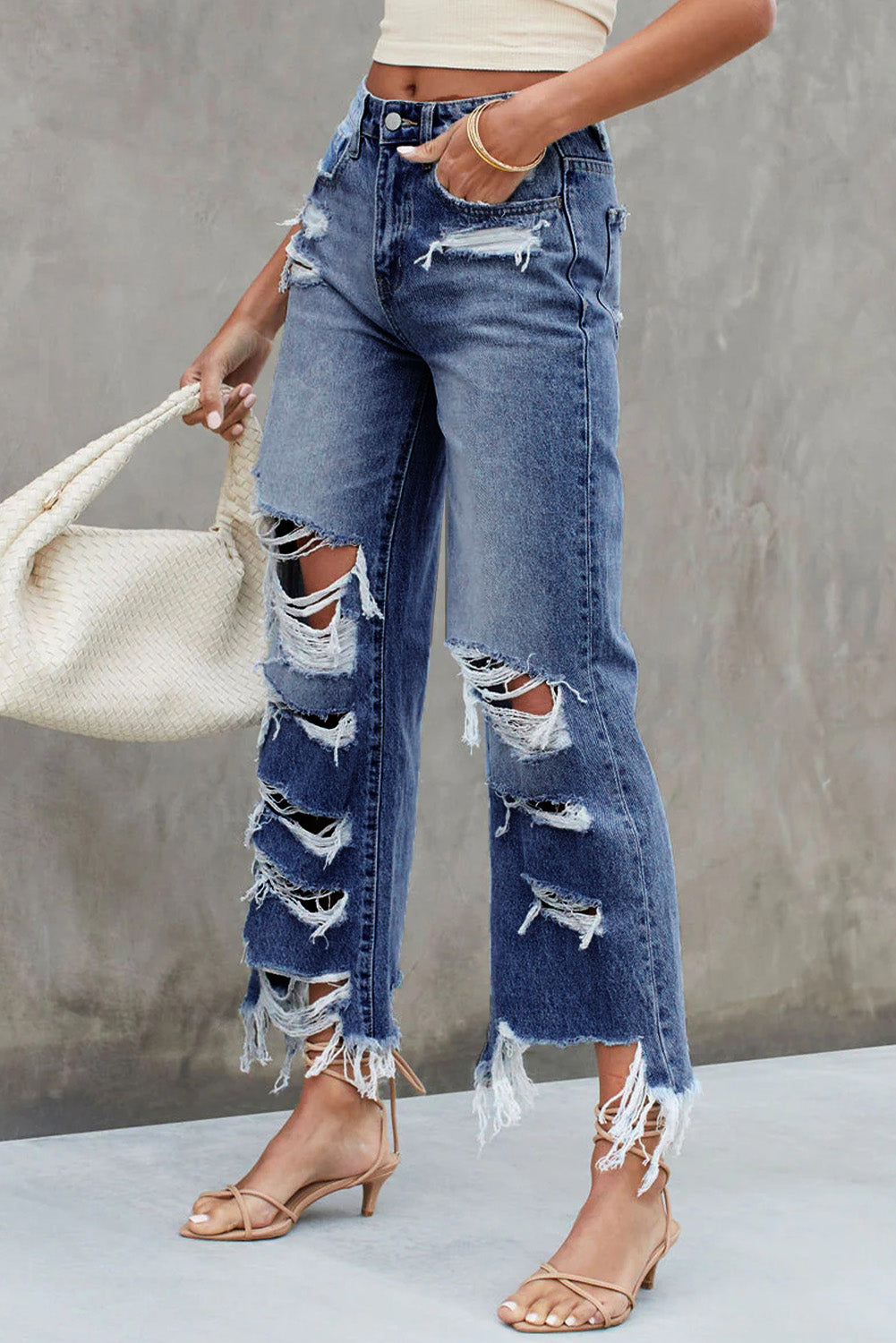 Sky Blue Heavy Destroyed Raw Hem Wide Leg Jeans