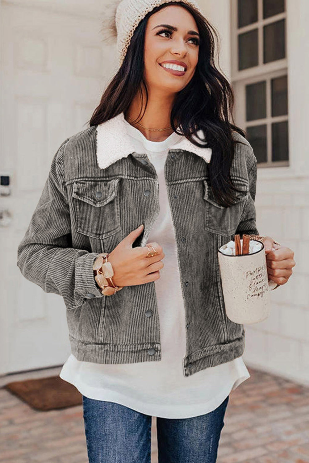 Red Sherpa Snap Flap Pocket Cropped Corduroy Jacket