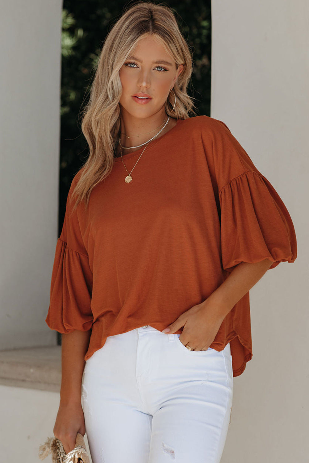 White Solid Color Casual Bubble Sleeve Blouse